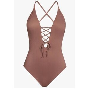 CUPSHE Womens NWT Solid Color V‎ Neck Lace Up Ribbed One Piece Swimsuit XL Mauve